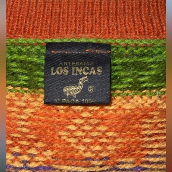 artesania los incas Colorful Green and orange alpaca 100% sweater - Picture 2 of 4